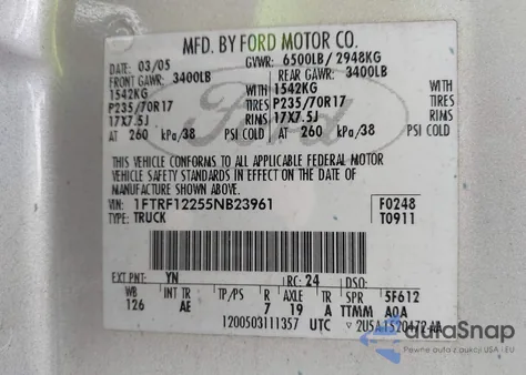 2005 Ford F-150 Stx/Xl/Xlt z USA, uszkodzony, nr VIN 1FTRF12255NB23961